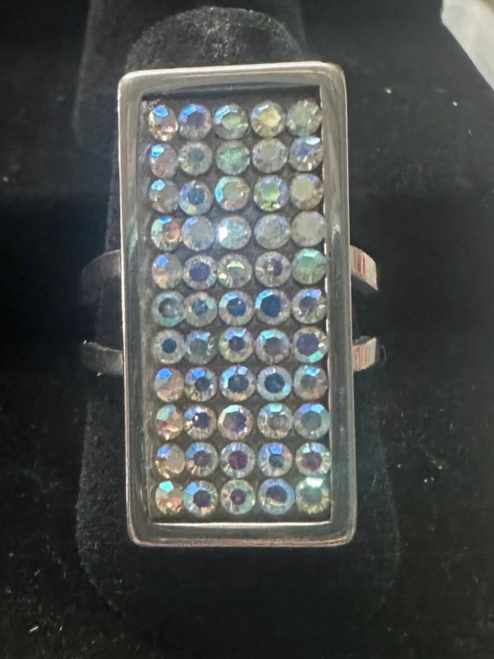 Iridescent Aurora Rhinestone Rectangular Statement Cocktail Ring – Silver Tone